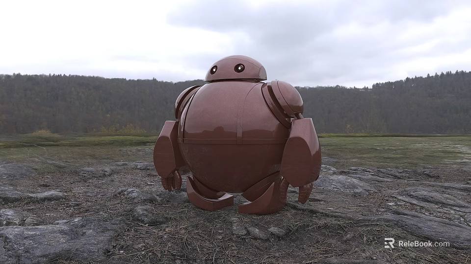 Game and Movie Brown Robot Character Standing On Outdoor Field With Trees And Cloudy Sky 3d model 