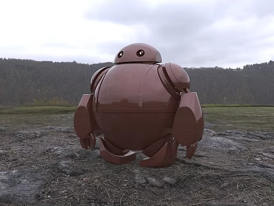 Game and Movie Brown Robot Character Standing On Outdoor Field With Trees And Cloudy Sky 3d model