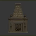 Classic Stone Fireplace With Intricate Decorative Carvings Roof Like Top And Ornate Columns