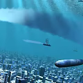 Military Submarine Navigating Underwater City With Sunlight Beams And Smoke Trails