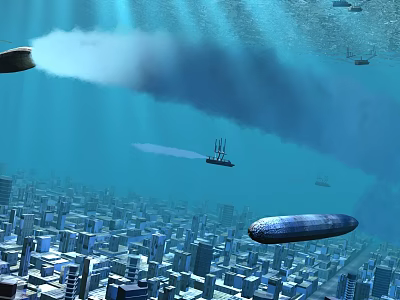 Military Submarine Navigating Underwater City With Sunlight Beams And Smoke Trails 3d model
