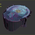 Futuristic Sci Fi Landscape With Blue Transparent Circular Device And Golden Pattern