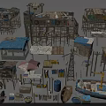 Shanty Town Settlement With Wooden Stilt Houses And Fishing Boats
