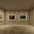 Modern Art Gallery Space With Framed Paintings Standing Person And Marble Floor