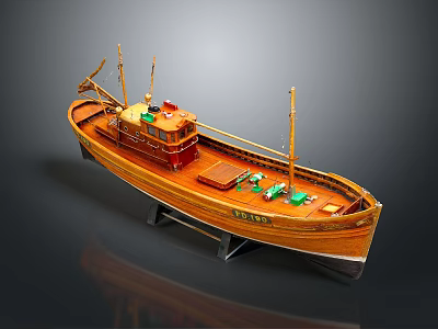 Wooden Ship Model With Masts And Display Stand On Reflective Surface 3d model