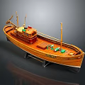Wooden Ship Model With Masts And Display Stand On Reflective Surface 3d model
