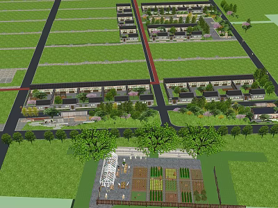 Rural Residential Landscape Featuring Neat Houses Green Fields Trees And Organized Roads 3d model