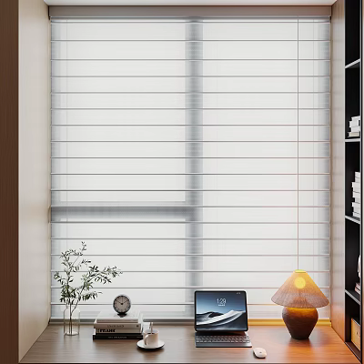 White Horizontal Blinds Covering Window in Modern Home Office with Laptop and Desk Lamp 3d model