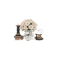 Elegant Decorative Ornament Set with White Roses Crystal Vase Candle Holder Books and Crystal Spheres