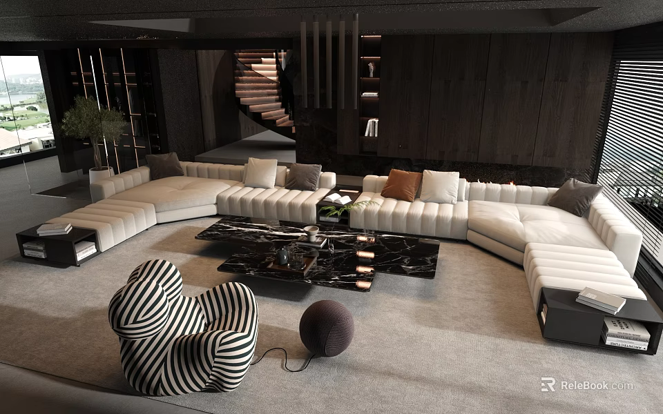 Modern Large White Sectional Sofa With Black Marble Coffee Table And Decorative Pillows 3d model 