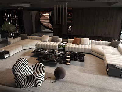 Modern Large White Sectional Sofa With Black Marble Coffee Table And Decorative Pillows 3d model