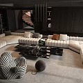 Modern Large White Sectional Sofa With Black Marble Coffee Table And Decorative Pillows