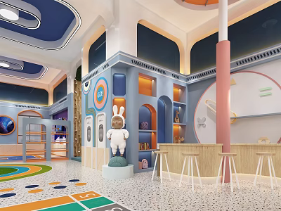 Modern Kindergarten Interior With Colorful Floor Curved Walls And Cartoon Rabbit Sculpture 3d model