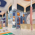 Modern Kindergarten Interior With Colorful Floor Curved Walls And Cartoon Rabbit Sculpture