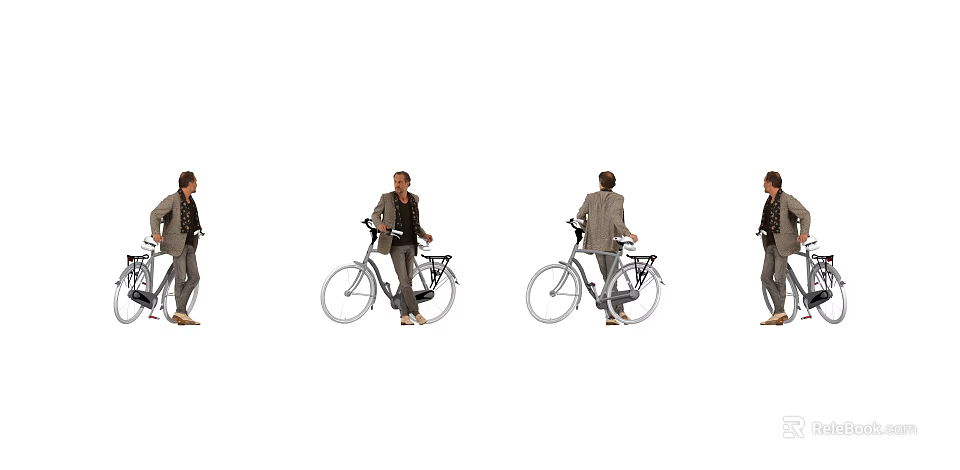 Man With Classic Bicycle Shown In Front Side And Back Views 3d model 
