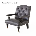 Vintage Leather Leisure Chair With Tufted Backrest Wooden Armrests And Decorative Legs