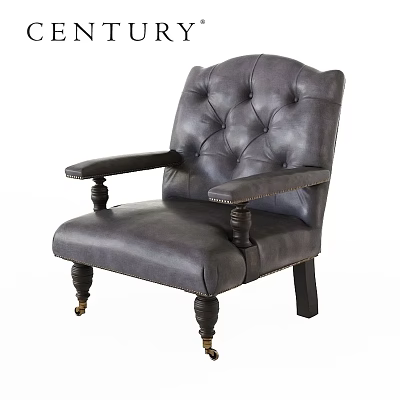 Vintage Leather Leisure Chair With Tufted Backrest Wooden Armrests And Decorative Legs 3d model