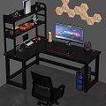 L Shaped Functional Gaming Desk With Monitor Shelf Headphones And Hexagon Lights