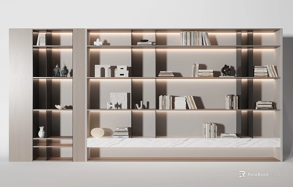 Modern Wooden Bookcase With Open Shelves Marble Top Books And Decorative Items 3d model 