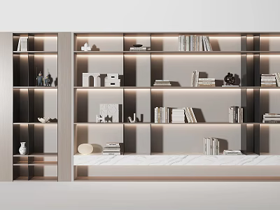 Modern Wooden Bookcase With Open Shelves Marble Top Books And Decorative Items 3d model