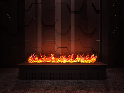 Modern Black Fireplace Interior with Red Orange Flames and Dark Hexagonal Wall 3d model