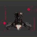 Futuristic Mechanical Sculpture Carving With Metallic Texture And Red Geometric Accents