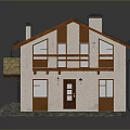 Two Story Residential Building With Sloped Tile Roof Chimney And Wooden Balcony Railing