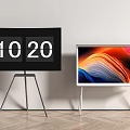 TV Screen With Colorful Abstract Wavy Design On Tripod Stand Next To Digital
