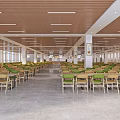 Spacious Cafeteria Interior With Wooden Ceiling Bright Lighting Marble Floor Tables Chairs And Food Counters