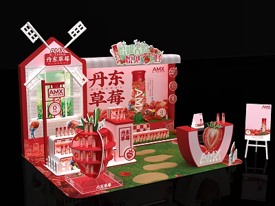 Dandong Strawberry Exhibition Booth With Red Theme Strawberry Shaped Decorations And Product Displays 3d model