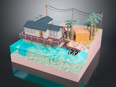Cartoon Beach Scene Featuring Wooden Deck Cabin Palm Trees and Small Boat in Blue Water 3d model
