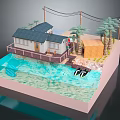 Cartoon Beach Scene Featuring Wooden Deck Cabin Palm Trees and Small Boat in Blue Water