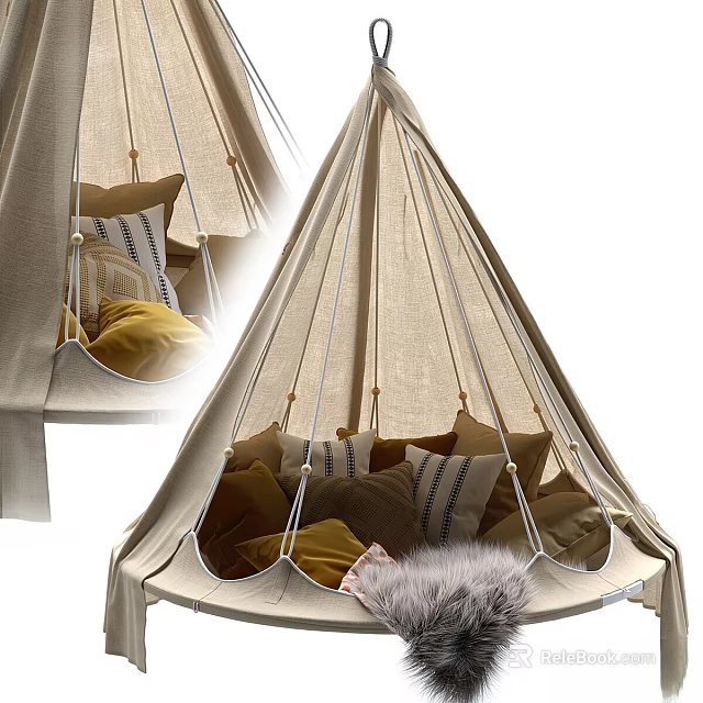 Cozy Beige Hanging Tent Interior With Soft Pillows And Fur Blanket 3d model 