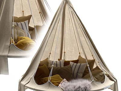 Cozy Beige Hanging Tent Interior With Soft Pillows And Fur Blanket 3d model