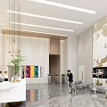 Elegant Modern Hotel Lobby Interior With Reception Desk Hanging Chandeliers And Colorful Artworks