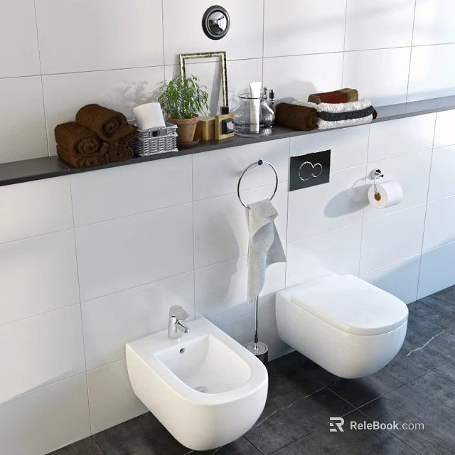 Modern White Toilet Bathroom Interior With Tile Wall Towel Rack And Green Plant 3d model 