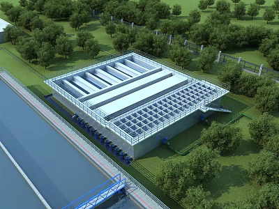 Modern Industrial Factory Building With Glass Roof Surrounded By Green Trees And Near Waterway 3d model