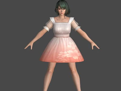Woman with green hair in white pink gradient dress with floral pattern short sleeves 3d model