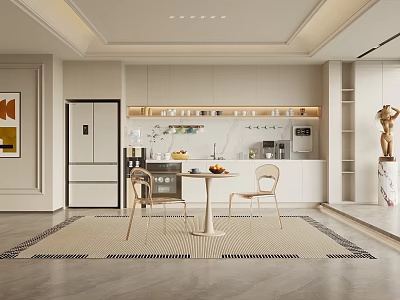 Modern Pantry Interior With White Cabinets Marble Countertop Coffee Machine Dining Table And Chairs 3d model