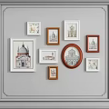 Photo Wall With Mixed Shape Frames Displaying Architectural Dome Prints On Gray Wall 3d model