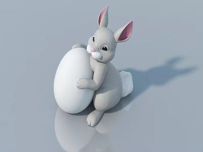 Cute Gray Rabbit Doll Holding White Egg on Gray Background with Reflection 3d model