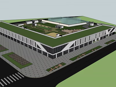 Modern Commercial Complex With Green Roof Open Courtyard And Glass Facade 3d model