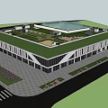 Modern Commercial Complex With Green Roof Open Courtyard And Glass Facade
