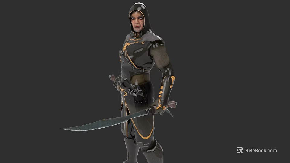Hooded Armored Game Movie Character With Long Sword And Golden Accents 3d model 