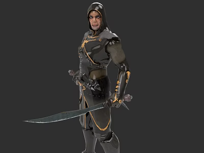 Hooded Armored Game Movie Character With Long Sword And Golden Accents 3d model