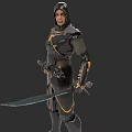 Hooded Armored Game Movie Character With Long Sword And Golden Accents