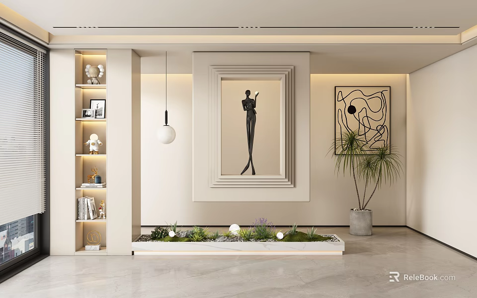 Minimalist Foyer Hallway Design With Art Plants Pendant Light And Shelves 3d model 