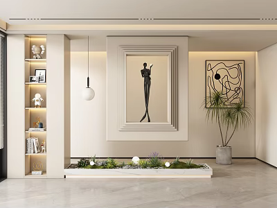 Minimalist Foyer Hallway Design With Art Plants Pendant Light And Shelves 3d model