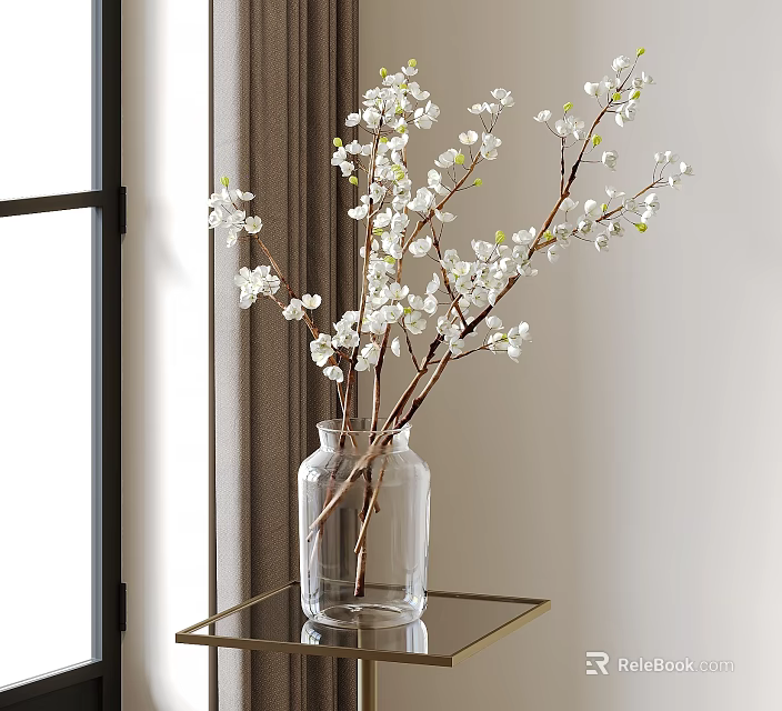White Flowers in Clear Glass Vase on Gold Metal Side Table by Window Curtain 3d model 