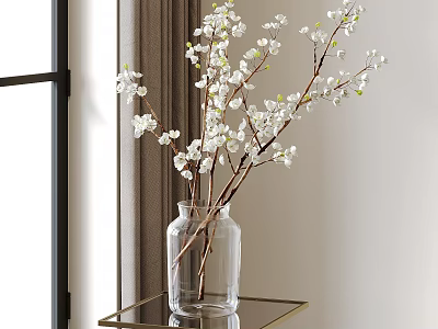 White Flowers in Clear Glass Vase on Gold Metal Side Table by Window Curtain 3d model